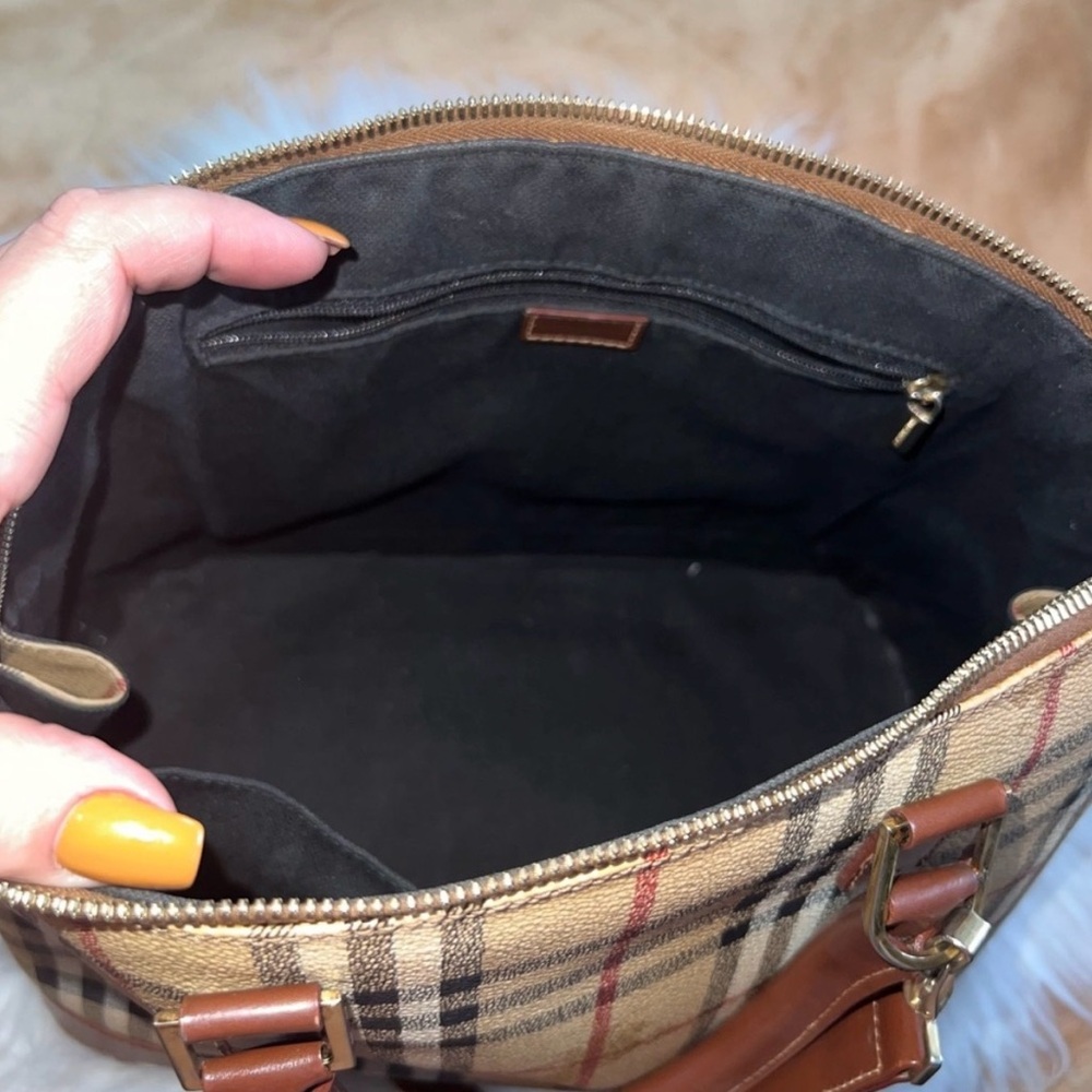 Classic Plaid Satchel Handbag in Beige and Brown - Picture 6 of 13